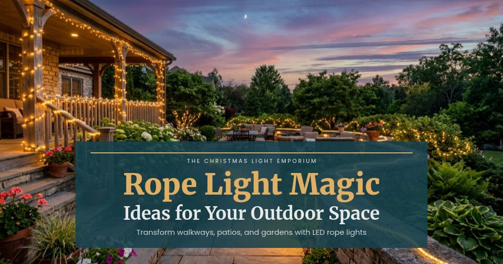 Title image of warm white LED rope lights glowing along a stone patio at twilight, woven through garden landscaping and porch railings. Image text reads: Rope Light Magic / Ideas for Your Outdoor Space / Transform walkways, patios, and gardens with LED rope lights