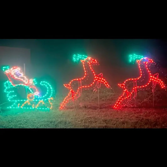 Santa in Sleigh With 2 Leaping Dear - Animated - Wireframes Displays and Yard Art