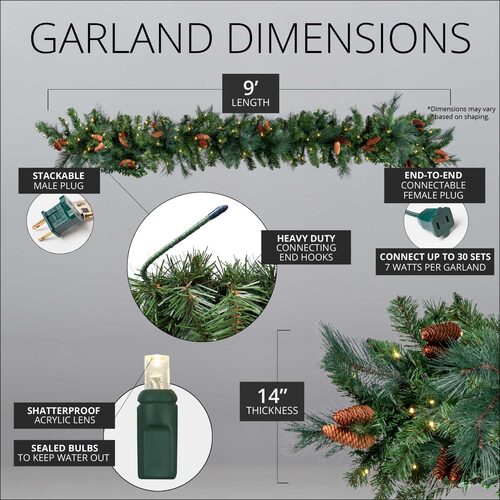 9' X 14" Mixed Noble Garland, Pre-Lit, LED, Warm White