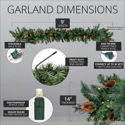 9' X 14" Mixed Noble Garland, Pre-Lit, LED, Warm White
