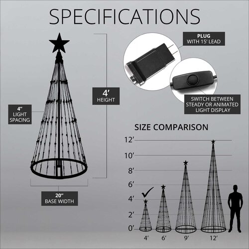 4' Cool White  LED Animated Outdoor Lightshow Tree, Black Frame