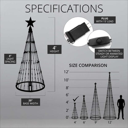 4' Cool White  LED Animated Outdoor Lightshow Tree, Black Frame