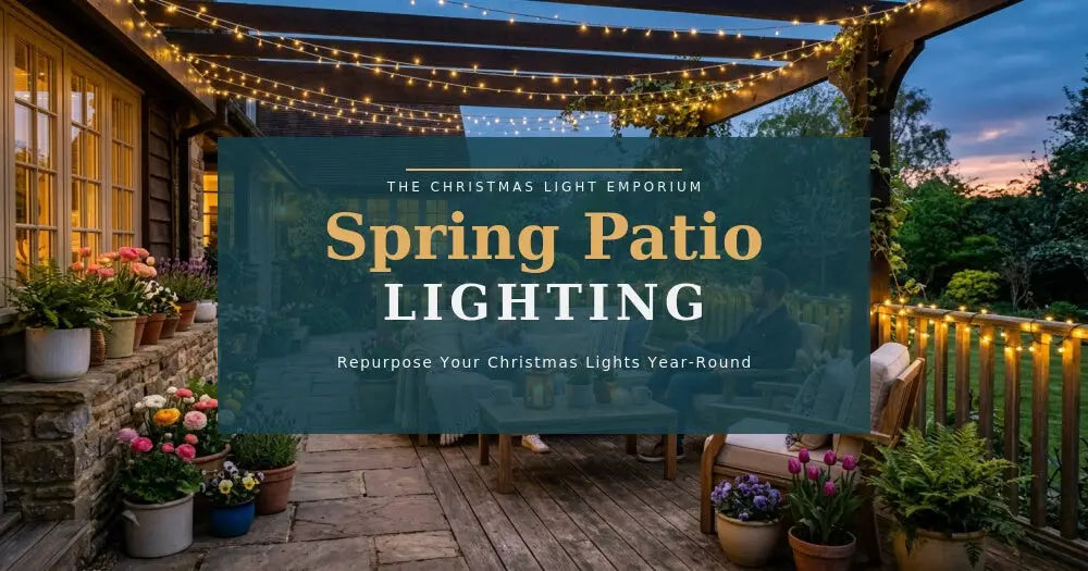 Illuminated patio at dusk with warm string lights draped overhead, flowering planters, stone flooring, and wooden railing ...