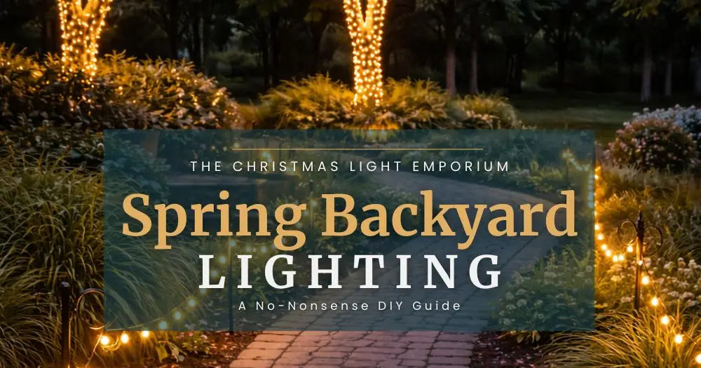 Illuminated backyard display featuring warm white string lights wrapped around palm tree trunks and outlining garden beds ...