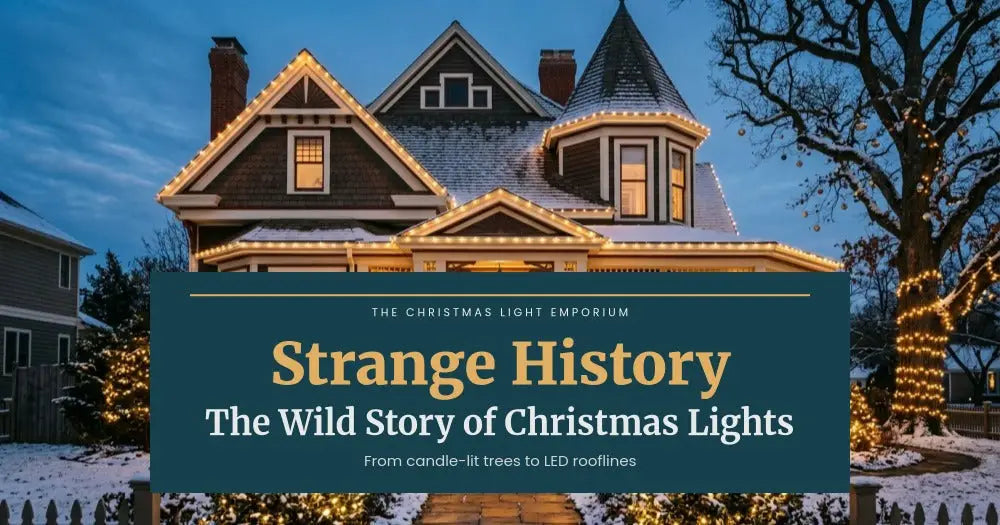 Title image of a Victorian home at twilight decorated with warm Christmas lights. Image text reads: A Strange History / The Story of Christmas Lights / From candle-lit trees to millions of LEDs