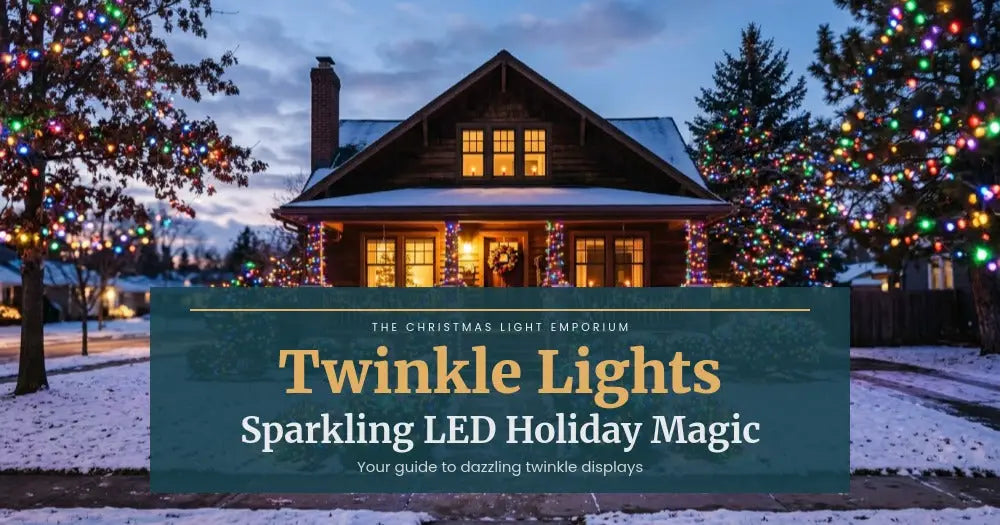 Title image of a home at twilight with twinkling multicolor Christmas lights on bushes and trees. Image text reads: Twinkle Lights / Sparkling LED Holiday Magic / Your guide to dazzling twinkle displays