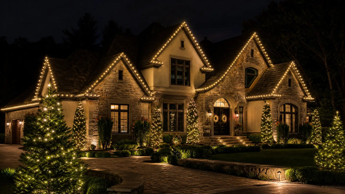 Beautifully lit home exterior at night with professionally installed warm white Christmas lights on the roofline, shrubs, and entryway.