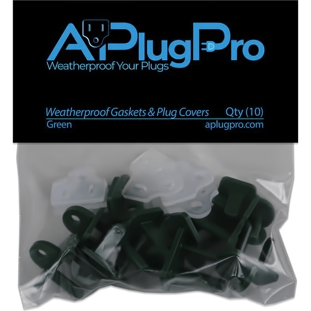 Weatherproof Electrical Plug Extension Cord Gaskets and Green Covers, 10 Pack - The Christmas Light Emporium