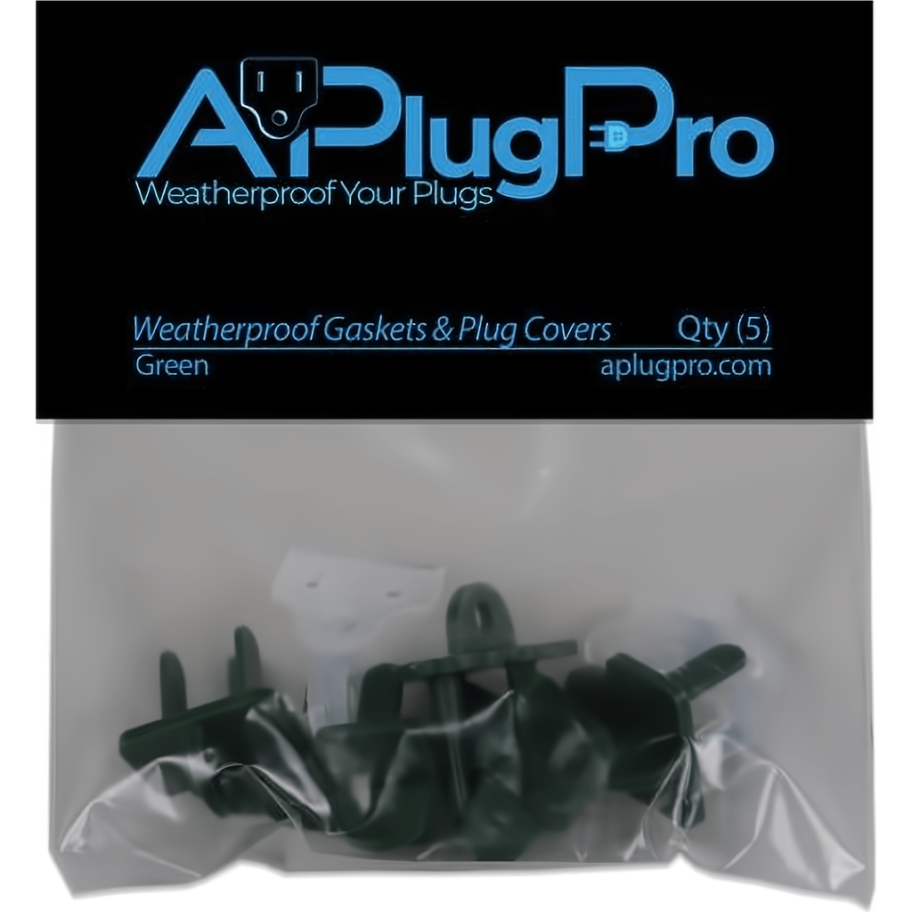 Weatherproof Electrical Plug Extension Cord Gaskets and Green Covers, 5 Pack - The Christmas Light Emporium