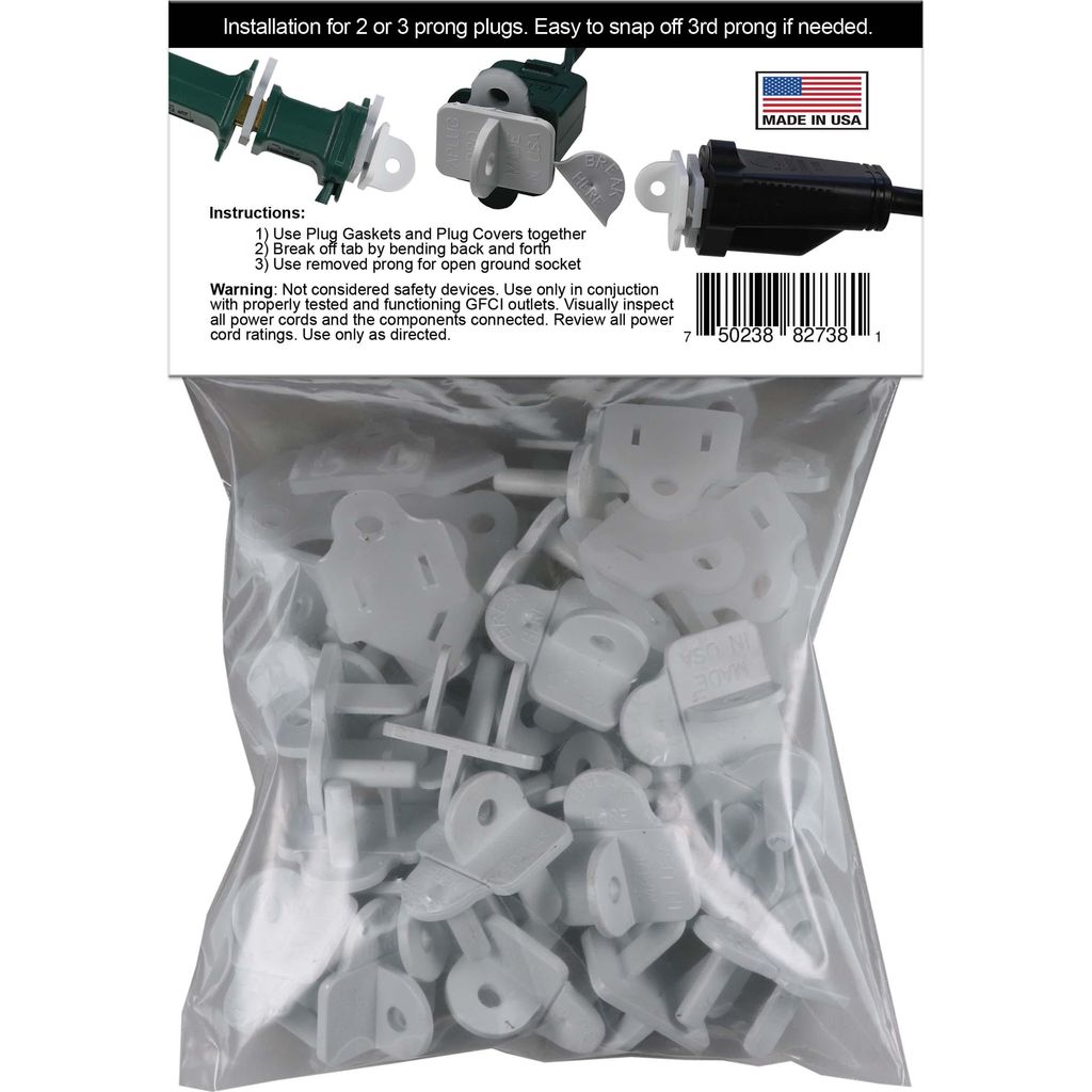 Weatherproof Electrical Plug Extension Cord Gaskets and White Covers, 25 Pack