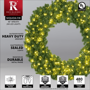 Wreath, 48" Sequoia Fir Wreath, Pre-Lit, LED Warm White Christmas Decorations Wintergreen Corporation