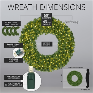 Wreath, 60" Olympia Pine Wreath, Pre-Lit, LED Warm White Christmas Decorations Wintergreen Corporation