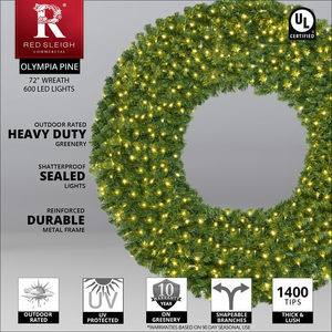 Wreath, 72" Olympia Pine Wreath, Pre-Lit, LED Warm White Christmas Decorations Wintergreen Corporation