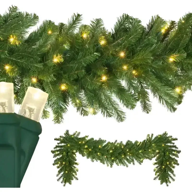 9' X 14" Olympia Pine Garland, Pre-Lit, LED, Warm White wrapped on a wreath