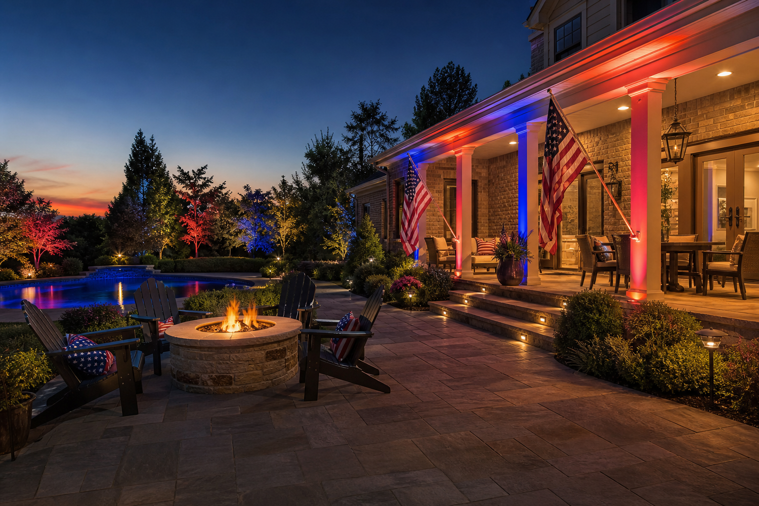Patriotic backyard lighting scene for America's 250th call to action