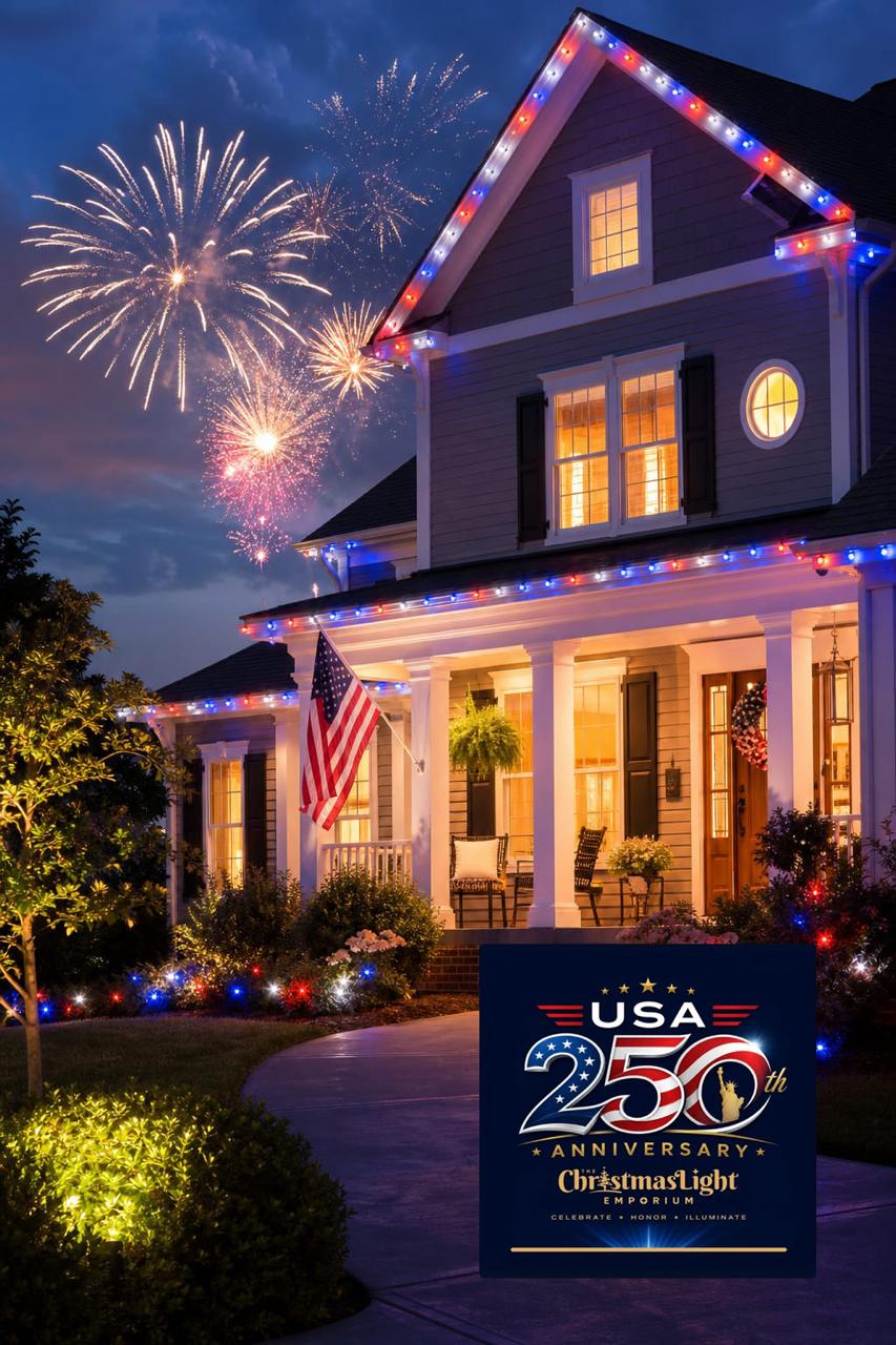 Home decorated with red, white, and blue lights and fireworks for America's 250th