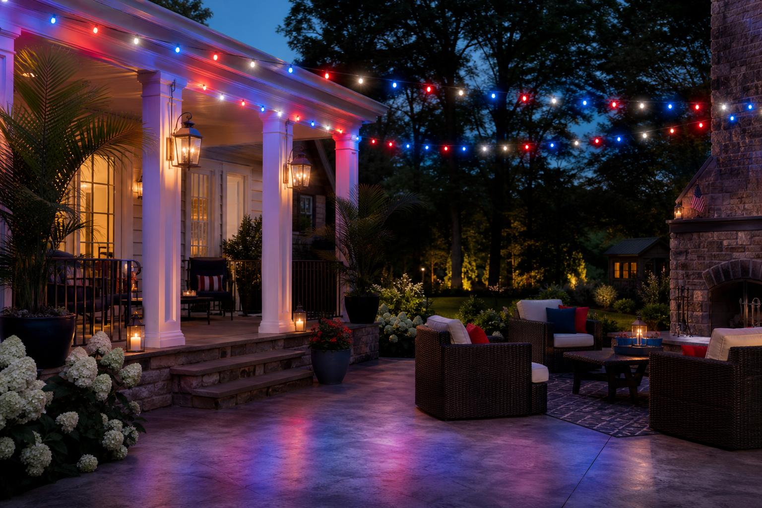 Patriotic porch and patio lighting scene for America's 250th