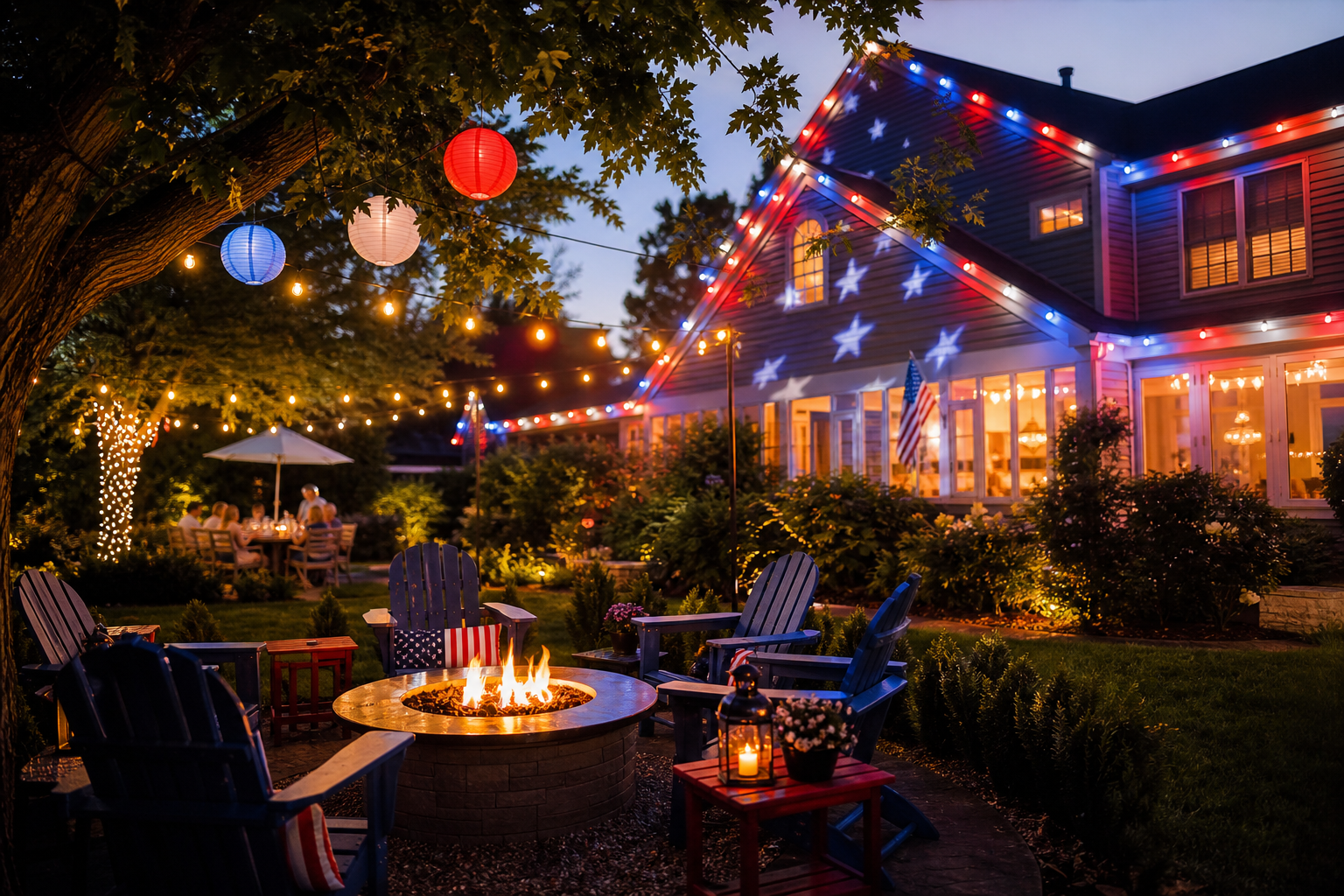 Patriotic family backyard lighting scene representing summer memories for America's 250th