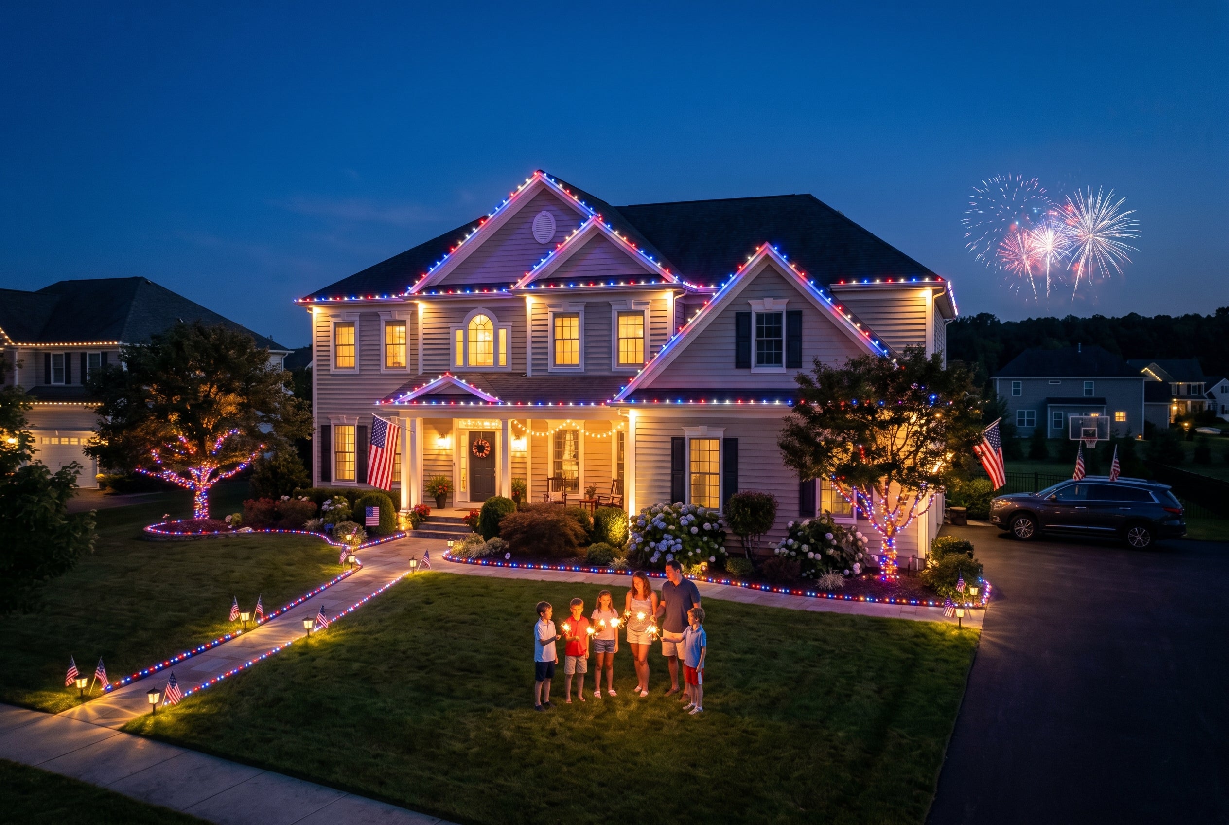 Patriotic roofline and yard lighting scene for America's 250th